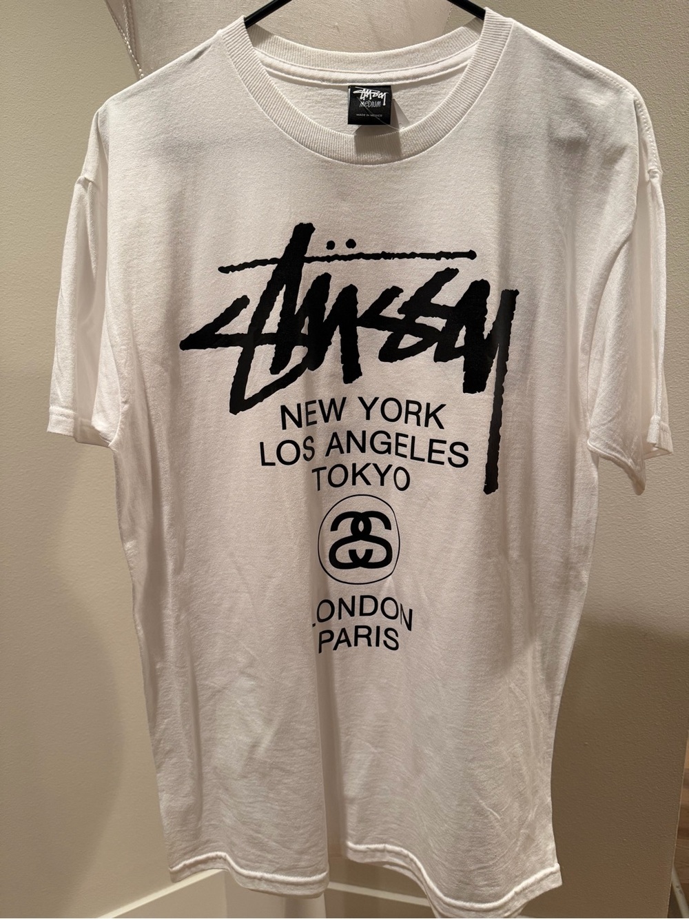 Stussy White Short-Sleeve Logo Tee with Black Print